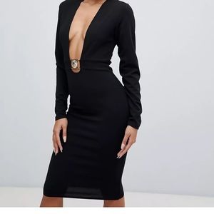 PrettyLittleThing lion buckle bodycon midi dress in black